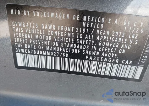 2021 Volkswagen Jetta 1.4T R-Line/1.4T S/1.4T Se z USA, uszkodzony, nr VIN 3VWC57BU9MM027768